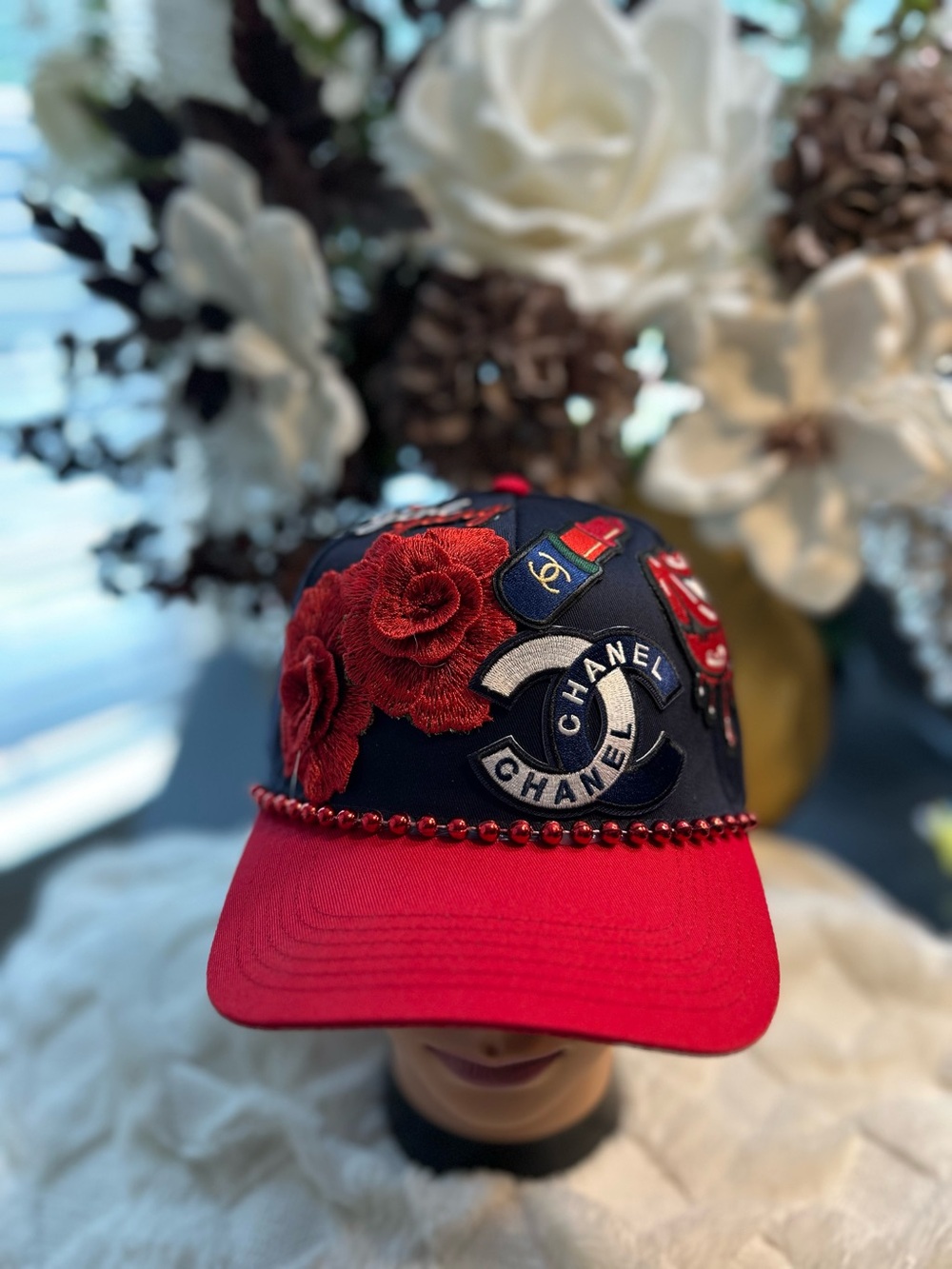 Designers Originals Black & Red Embroidered Floral Logo Baseball Cap